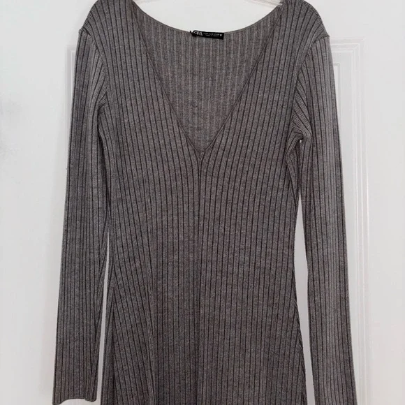 Zara Ribbed V-Neck Long Sleeve Knit Dress - Gray - Picture 7 of 7